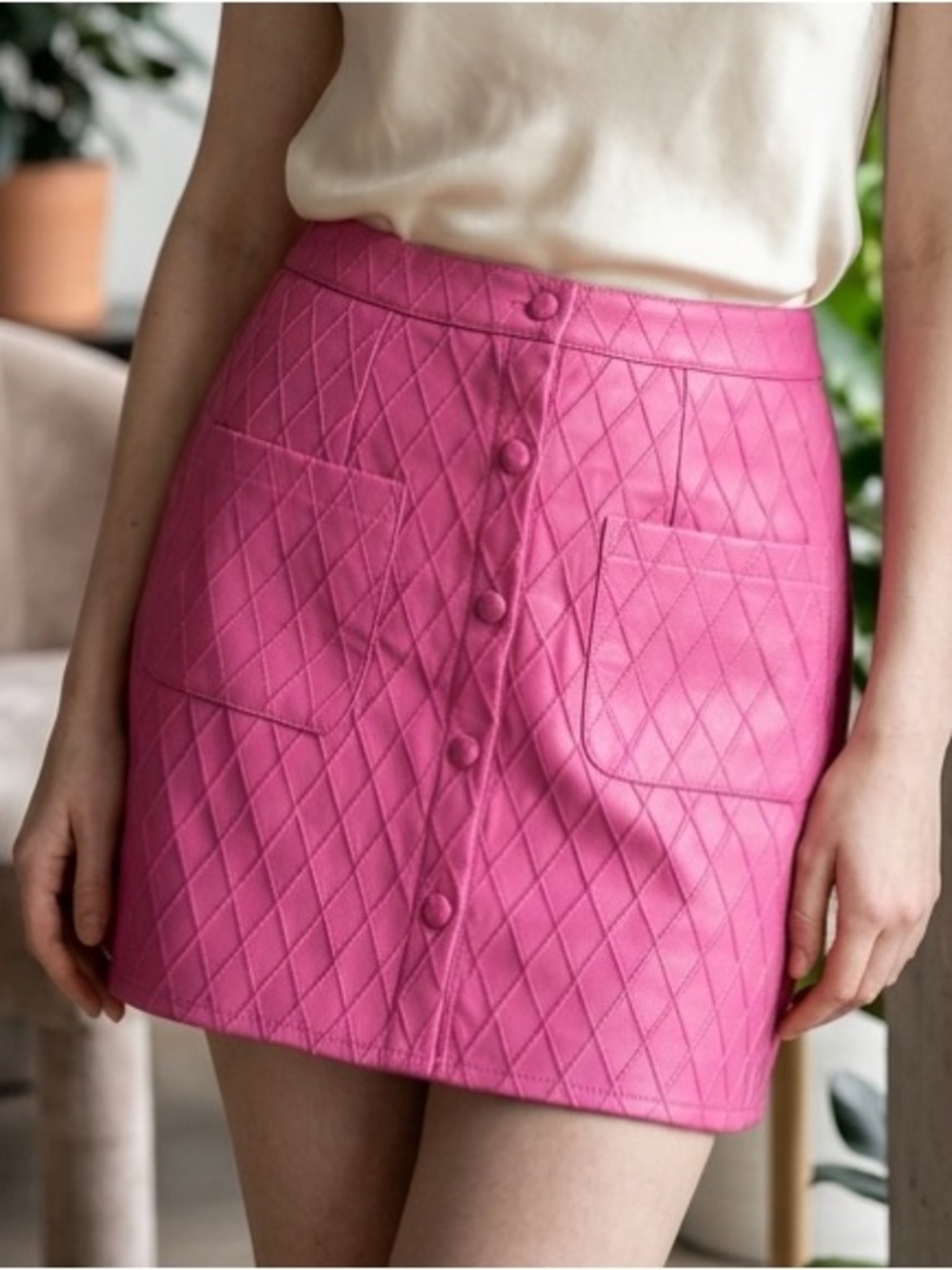 Faux Leather Quilted Button-Front Skirt